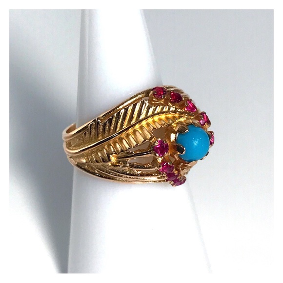 18KT SOLID GOLD ANTIQUE TURQUOISE & RUBY RING - 7.65 GRAMS!! - Picture 3 of 13